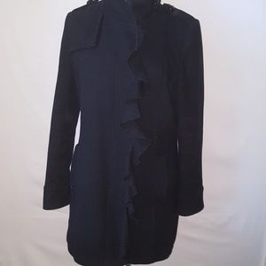 TAHARI Black Wool Blend Ruffle Trench Coat SZ 8